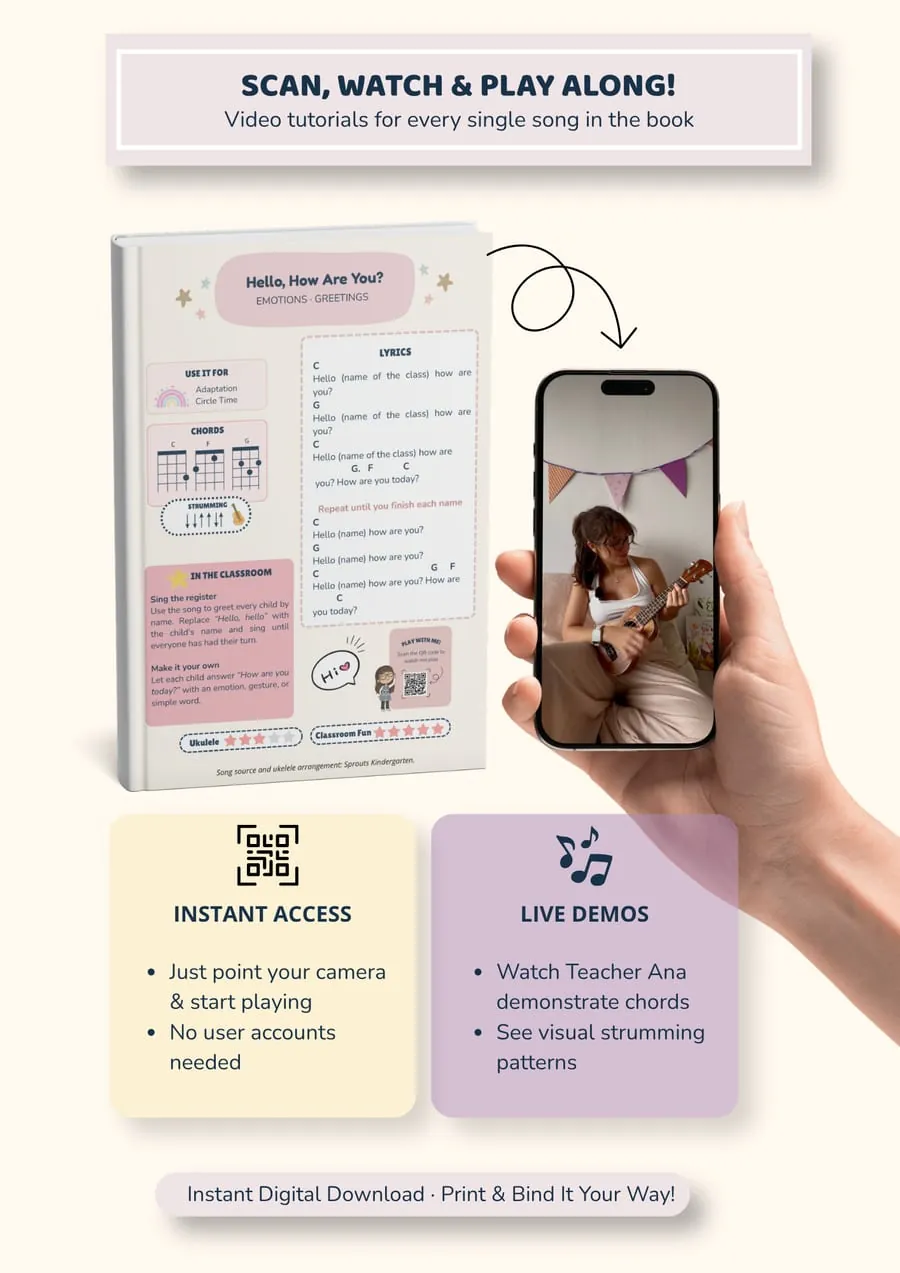 A phone scanning a songbook page and playing Teacher Ana's video demo