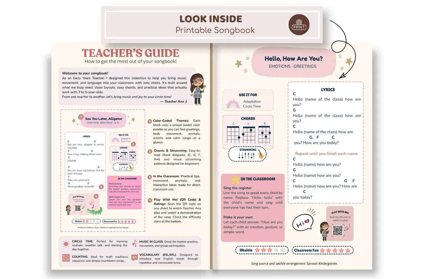 Two pages of the songbook: the teacher's guide and the song Hello, How Are You?
